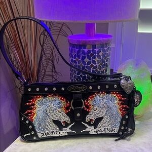 Ed Hardy Black Shoulder Bag with Embroidered Unicorns and Stud Details